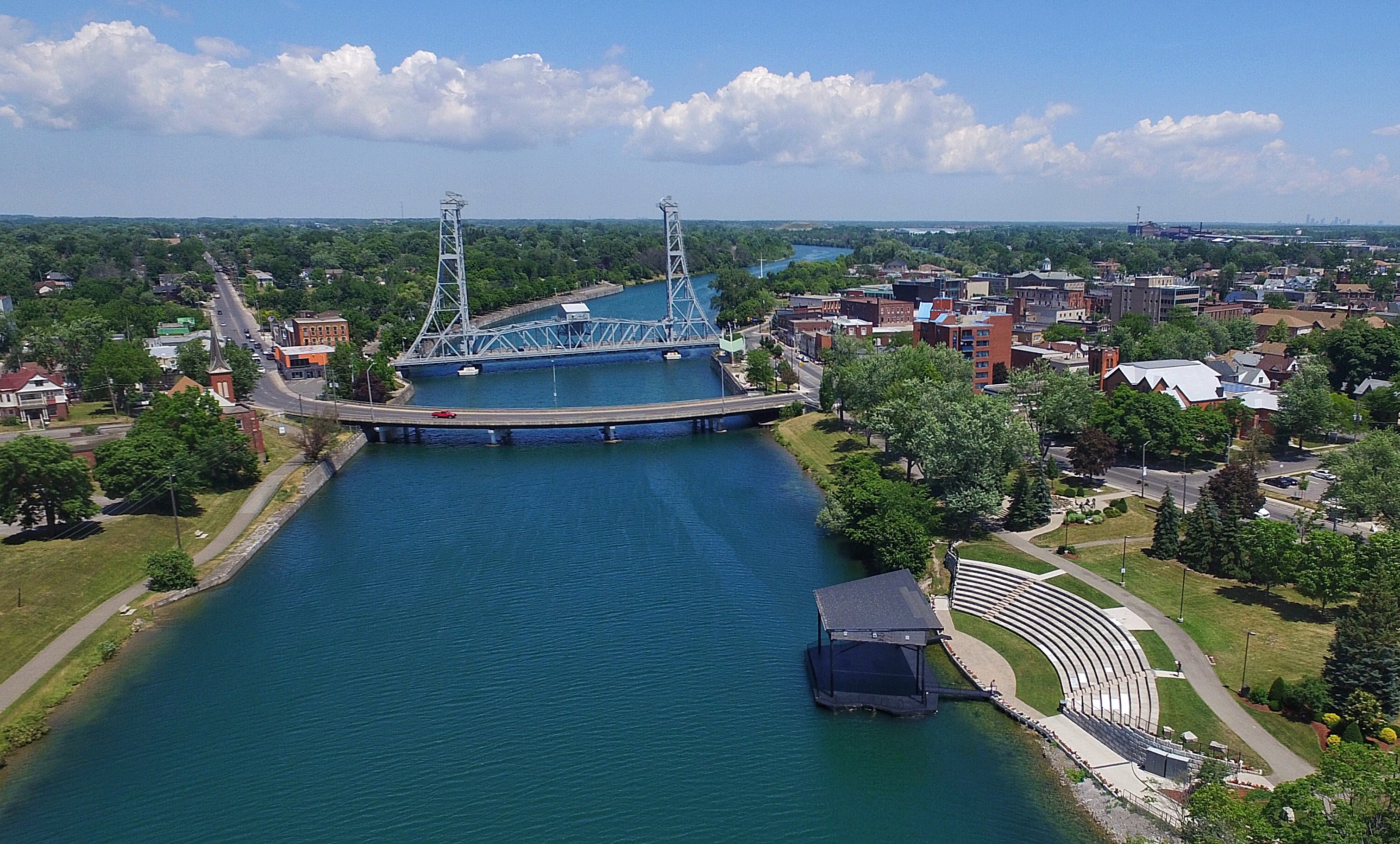 Aerial view of downtown Welland with the vertical lift bridge, canal and amphitheatre